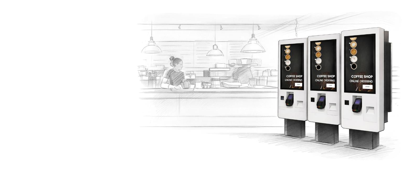 Three order kiosks in a coffee shop.