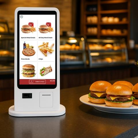 A food ordering kiosk on a counter top.