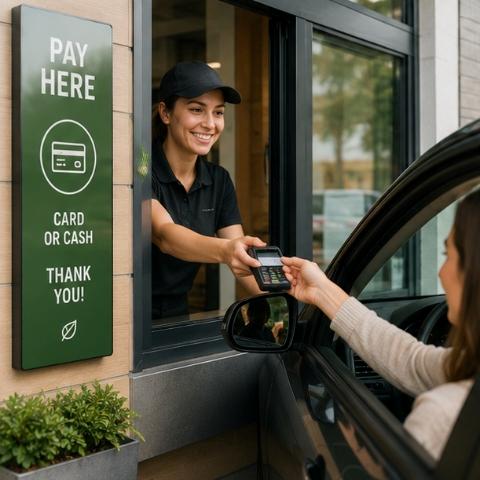Customer picking up an order at a driver through restaurant
