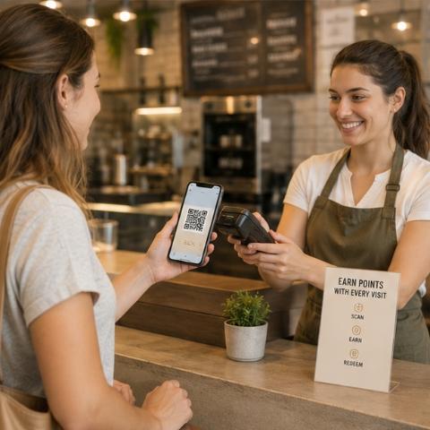 Customer presenting loyalty app at restaurant cashier counter.