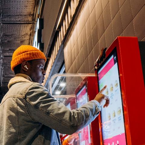 Man ordering food at a kiosk in a public food court.