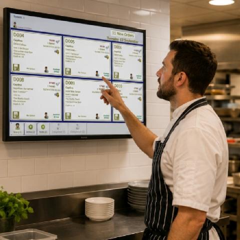 Kitchen expeditor reviews orders.