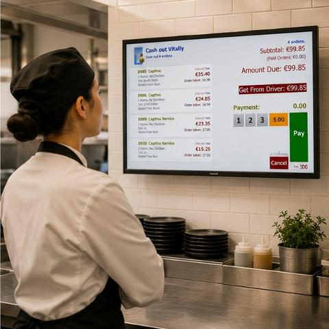 Chef reads orders on a digital kitchen display.