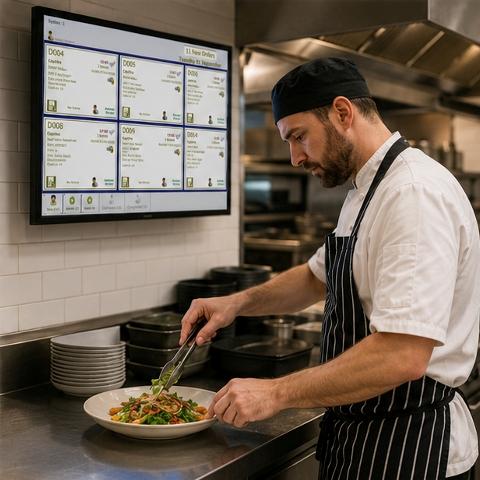 Chef prepares a salad in a kitchen.
