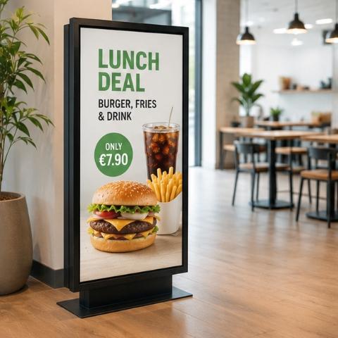 Advertising screen in customer area of restaurant