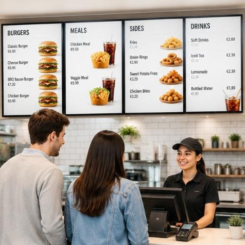 Overhead Digital Menu at restaurant ordering counter