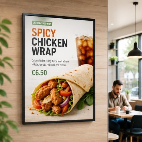 Wall mounted digital advertising screen in restaurant dining area.