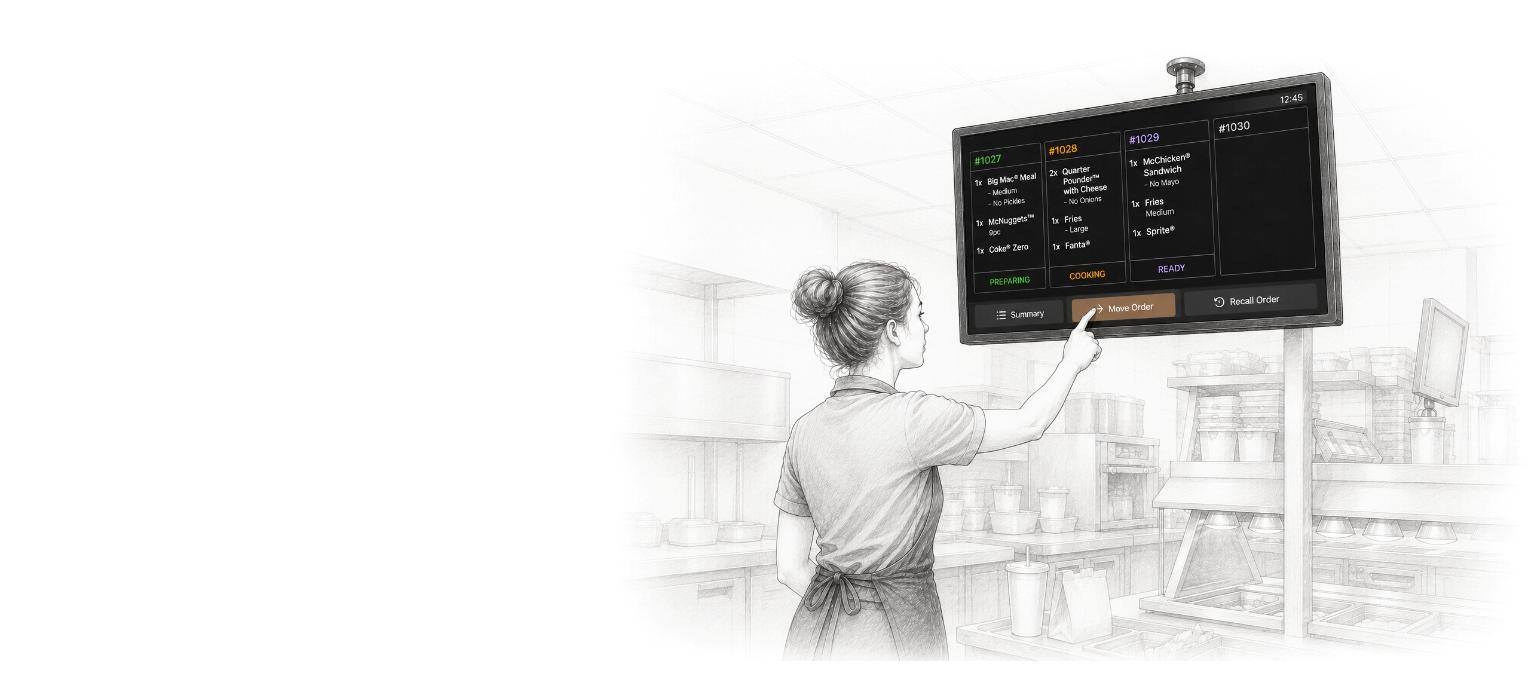 Restaurant worker interacting with order display in a kitchen.