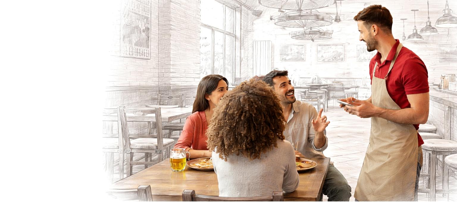 Waiter taking an order on a handheld device from customers.
